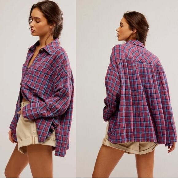 Free People Oversized Bohemian Grunge Fall Cardiff Plaid Swing Top Shirt Medium - Picture 4 of 14